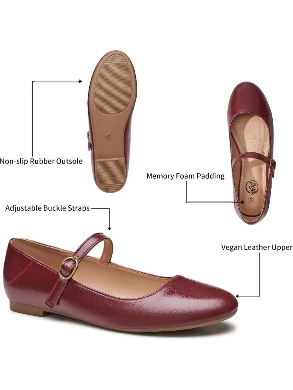 Women's Burgundy Ballet Flats Round Toe Comfort Straps Memory Foam Dressy Shoes